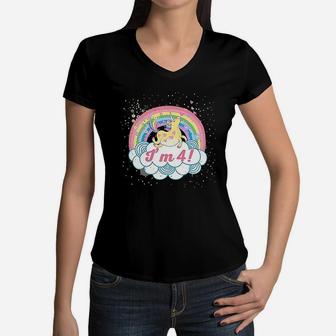 4Th Birthday Unicorn Rainbow Cute Girls Women V-Neck T-Shirt | Crazezy