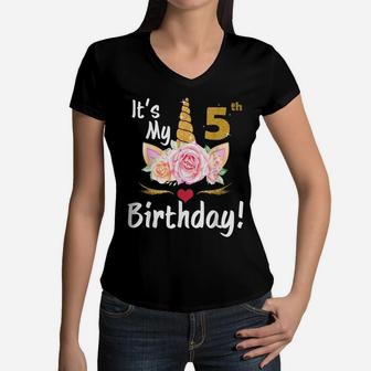 5Th Birthday Girl 5 Years Old Awesome Unicorn Flower Bday Women V-Neck T-Shirt | Crazezy CA