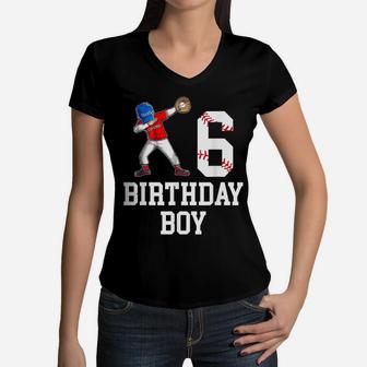 6 Year Old Baseball Kids Tee 6Th Birthday Baseball Dabbing Women V-Neck T-Shirt | Crazezy