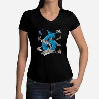 6Th Birthday Boys Shark White Shark Women V-Neck T-Shirt | Crazezy AU