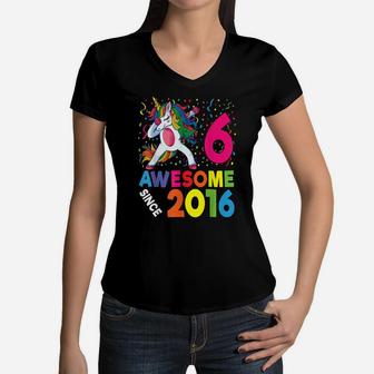 6Th Birthday Dabbing Unicorn Party Gift 6 Years Old Girl Women V-Neck T-Shirt | Crazezy