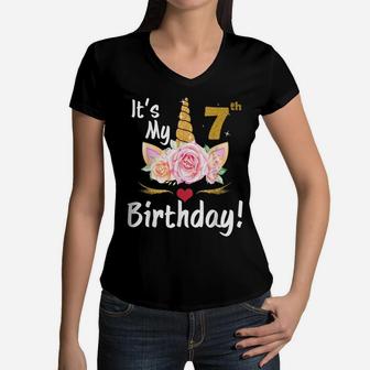 7Th Birthday Girl 7 Years Old Awesome Unicorn Flower Bday Women V-Neck T-Shirt | Crazezy DE