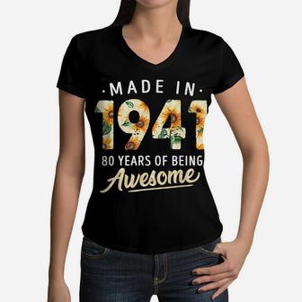 80 Years Old Girl Gifts 80Th Birthday Made Born 1941 Women Women V-Neck T-Shirt | Crazezy