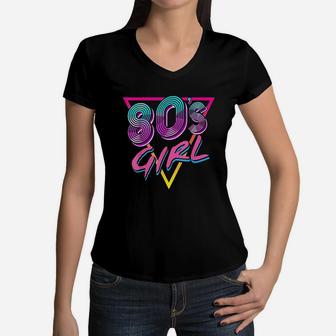 80S Girl Birthday Party Costume Retro Vintage Gift Women Women V-Neck T-Shirt | Crazezy DE
