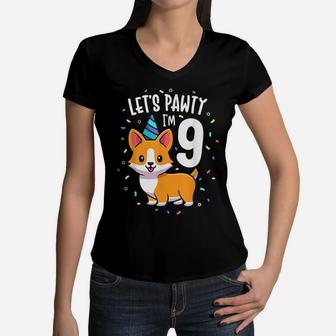 9 Years Old Corgi Dog Lover 9Th Birthday Party Outfit Kid Women V-Neck T-Shirt | Crazezy CA