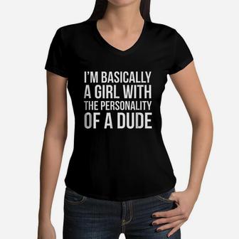 A Girl With The Personality Of A Dude Women V-Neck T-Shirt | Crazezy