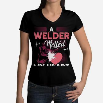 A Welder Melted My Heart Funny Gift For Wife Girlfriend Women V-Neck T-Shirt | Crazezy CA