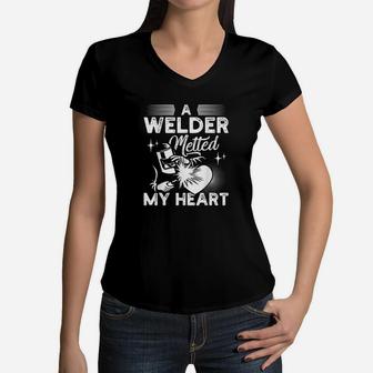 A Welder Melted My Heart Funny Gift For Wife Girlfriend Women V-Neck T-Shirt | Crazezy UK