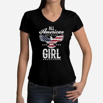 All American Girl 4Th Of July Patriotic Eagle Women V-Neck T-Shirt - Monsterry