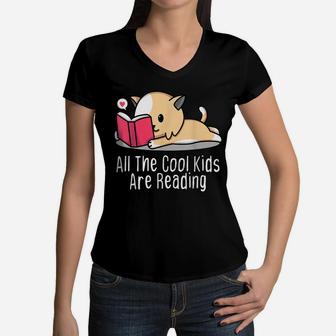 All The Cool Kids Are Reading Tee Book Cat Lovers Women V-Neck T-Shirt | Crazezy AU