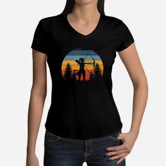 Archery Girl Archer Bow Vintage Retro Sunset Women V-Neck T-Shirt | Crazezy DE