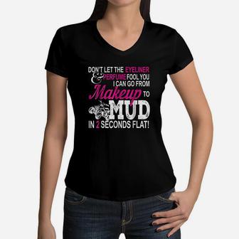 Atv Girl Makeup To Mud Gift Pink Quad Bike Women Women V-Neck T-Shirt | Crazezy CA