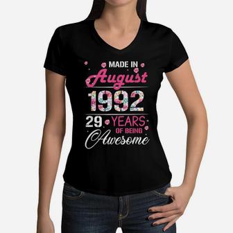 August Girls 1992 Birthday Gift 29 Years Old Made In 1992 Women V-Neck T-Shirt | Crazezy