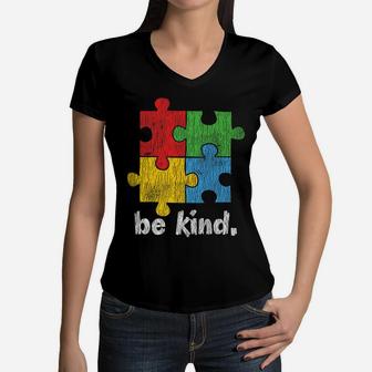 Autism Awareness - Be Kind Autistic Kids Awareness Kindness Women V-Neck T-Shirt | Crazezy AU
