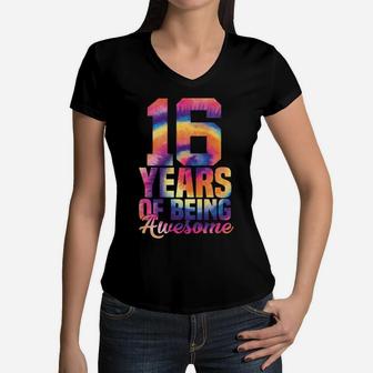 Awesome 16Th Birthday Sixteen 16 Years Old Tie Dye Men Kids Women V-Neck T-Shirt | Crazezy DE