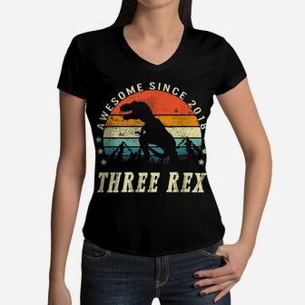 Awesome Since 2018 Three Rex 3 Years Old Dino Birthday Kids Women V-Neck T-Shirt | Crazezy
