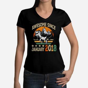 Awesome Since January 2018 Dinosaur 3Rd Birthday Gift Boy Women V-Neck T-Shirt | Crazezy DE