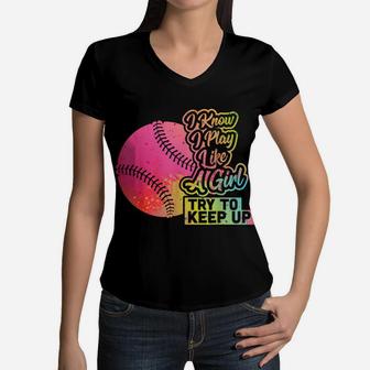 Baseball Women Funny Gift Team Play Like A Girl Softball Women V-Neck T-Shirt | Crazezy DE