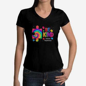 Be Kind Puzzle Pieces Tie Dye Cute Awareness Boy Kids Women V-Neck T-Shirt | Crazezy UK