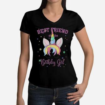 Best Friend Of The Birthday Girl Unicorn Face Gift Women V-Neck T-Shirt | Crazezy
