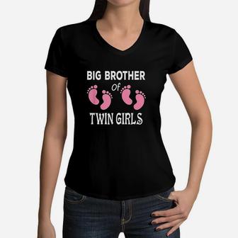 Big Brother Of Twin Girls Sibling Footprints Women V-Neck T-Shirt | Crazezy