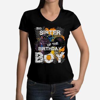 Big Sister Of The Birthday Boy Monster Truck Matching Women V-Neck T-Shirt | Crazezy