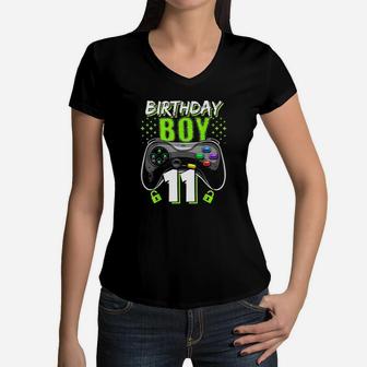 Birthday Boy 11 Video Game Controller Gamer 11Th Birthday Women V-Neck T-Shirt | Crazezy DE