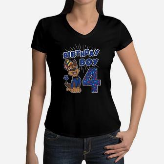 Birthday Boy 4 Years Old Women V-Neck T-Shirt | Crazezy AU