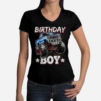 Birthday Boy Monster Truck Birthday Party Gift For Boys Kids Women V-Neck T-Shirt | Crazezy CA