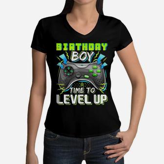 Birthday Boy Time To Level Up Video Game Birthday Gift Boys Women V-Neck T-Shirt | Crazezy