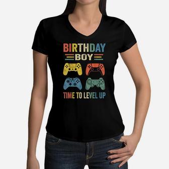 Birthday Boy Time To Level Up Video Game Birthday Gift Boys Women V-Neck T-Shirt | Crazezy