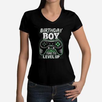 Birthday Boy Time To Level Up Video Game Birthday Women V-Neck T-Shirt | Crazezy