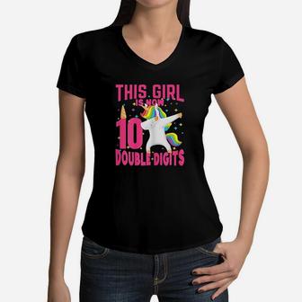 Birthday Girl This Girl Is Now 10 Double Digits Women V-Neck T-Shirt | Crazezy