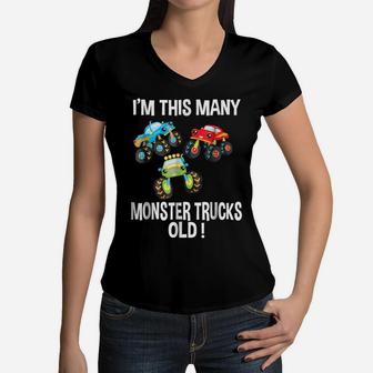 Birthday Shirt For Boys 3 I'm This Many Monster Trucks Old Women V-Neck T-Shirt | Crazezy UK