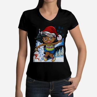 Black Girl Melanin Puffs Afro Santa Snowman Merry Christmas Sweatshirt Women V-Neck T-Shirt | Crazezy