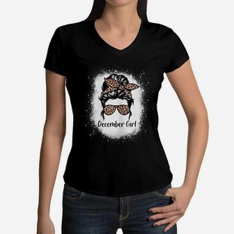 Bleached December Girl Birthday Costume Leopard Prints Women V-Neck T-Shirt | Crazezy AU