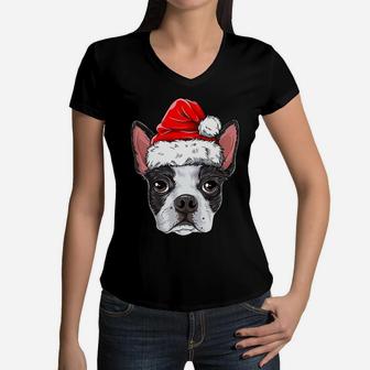 Boston Terrier Christmas Dog Santa Hat Xmas Boys Kids Girls Women V-Neck T-Shirt | Crazezy