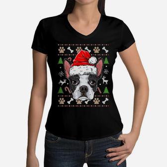 Boston Terrier Ugly Christmas Dog Santa Hat Xmas Boys Kids Women V-Neck T-Shirt | Crazezy UK