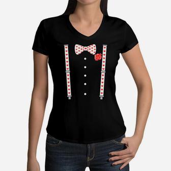 Bow Tie & Suspenders Hearts Valentine's Day Men Women Kids Women V-Neck T-Shirt | Crazezy