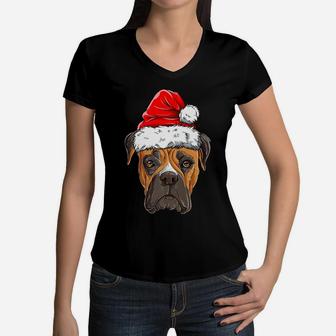Boxer Christmas Dog Santa Hat Xmas Boys Kids Girls Gifts Women V-Neck T-Shirt | Crazezy