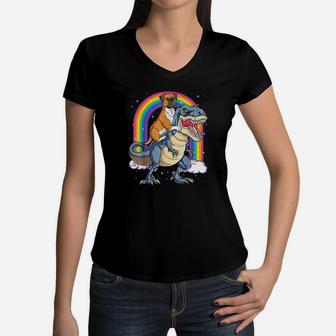 Boxer Riding Dinosaur T Rex Gift Dog Lover Boys Kids Rainbow Women V-Neck T-Shirt | Crazezy