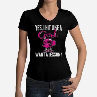 Boxing I Hit Like A Girl Want A Lesson Women V-Neck T-Shirt - Monsterry