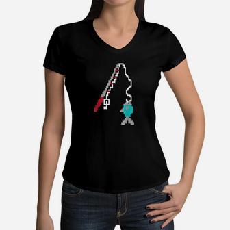 Boys Fishing Pixel Rod Fish Gamer Gift Gaming Women V-Neck T-Shirt | Crazezy