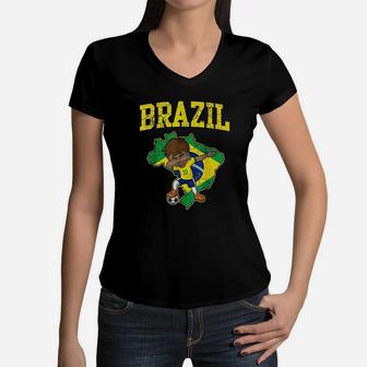 Brazil Soccer Boy Women V-Neck T-Shirt | Crazezy