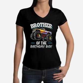 Brother Of The Birthday Boy Monster Truck Birthday Women V-Neck T-Shirt | Crazezy UK