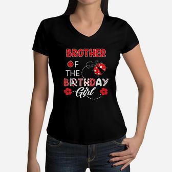 Brother Of The Birthday Girl Family Ladybug Birthday Women V-Neck T-Shirt | Crazezy