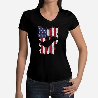 Bull Riding Rodeo Cowboy Usa Flag 4Th Of July Us America Women V-Neck T-Shirt | Crazezy