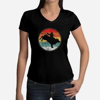 Bull Riding Rodeo Cowboy Vintage Women V-Neck T-Shirt | Crazezy