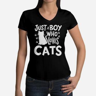 Cat Just A Boy Who Loves Cats Gift For Cat Lovers Women V-Neck T-Shirt | Crazezy