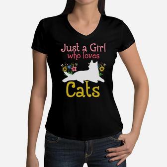 Cat Just A Girl Who Loves Cats For Cat Lovers Sweatshirt Women V-Neck T-Shirt | Crazezy DE